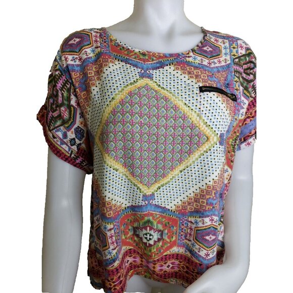 Papillon Boho Top Womens Large Aztec Ethnic Scarf Print Short Sleeve Raindrop - Picture 1 of 9